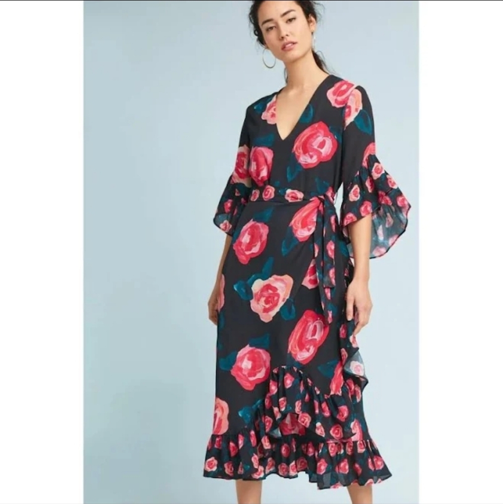 Bl^nk Elegant Floral Midi Dress with Ruffle Detail Size Xsp From Anthropologie